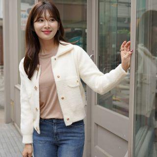 Collared Fluffy Knit Jacket