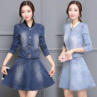 Set: Cropped Denim Jacket + Denim A-line Skirt