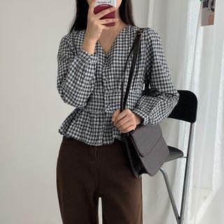 Long-sleeve Ruffle Trim Plaid Cropped Shirt Black - One Size
