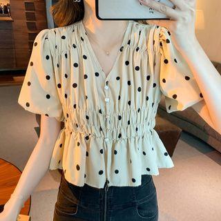 Short-sleeve V-neck Dotted Chiffon Blouse