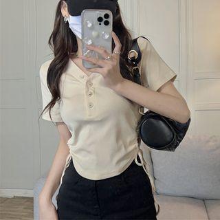 Short-sleeve Henley Drawstring T-shirt
