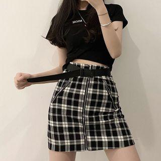 Lettering Short-sleeve T-shirt / Plaid Zip Mini A-line Skirt