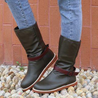 Buckled Strap Faux Leather Short Boots