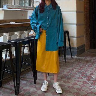 Plain Shirt / Midi Faux Leather A-line Skirt