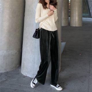 V-neck Ribbed Cardigan / Velvet Wide Leg Pants