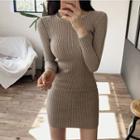 Long-sleeve Rib-knit Mini Bodycon Knit Dress