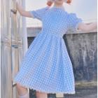 Puff-sleeve Plaid Cutout-back Midi A-line Dress