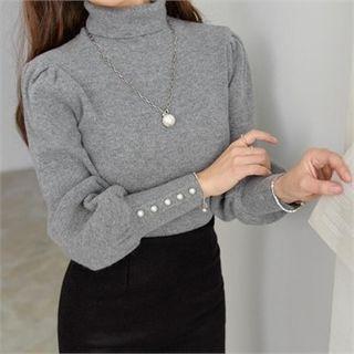 Turtle-neck Wide-cuff Wool Blend Knit Top