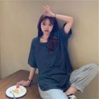Elbow-sleeve Plain Split T-shirt