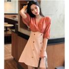 Elbow-sleeve Mock Two-piece Double-breasted Dress