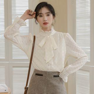 Long-sleeve Frill Trim Tie-neck Blouse / Plaid Mini A-line Skirt
