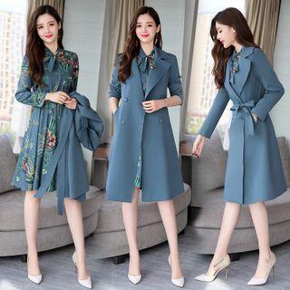 Set: Tie-neck Floral Midi A-line Dress + Double-breasted Coat
