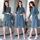 Set: Tie-neck Floral Midi A-line Dress + Double-breasted Coat