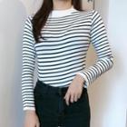 Long-sleeve Semi High-neck Striped Knit Top