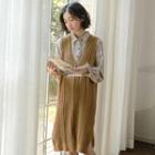 Set: Lantern-sleeve Plaid Shirt + Sleeveless Midi Knit Dress