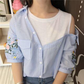 Mock Two-piece Open Shoulder Short-sleeve Blouse