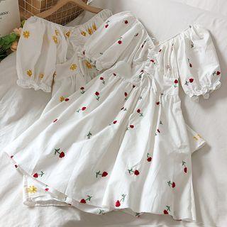 Flower Embroidered Off-shoulder Drawstring A-line Dress
