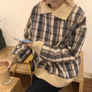 Plaid Long-sleeve Loose-fit Polo Shirt