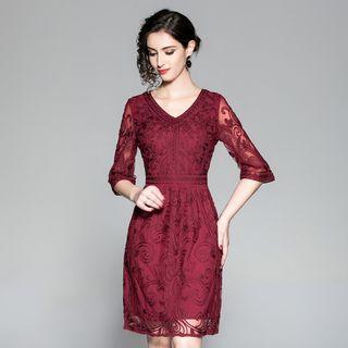 Elbow-sleeve Embroidered Mesh A-line Dress