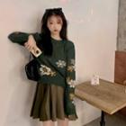 Long-sleeve Floral Knit Top Green - One Size