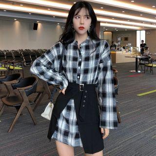 Set: Plaid Mini Shirtdress + Slit Mini A-line Skirt As Shown In Figure - One Size