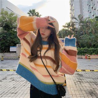 Striped Sweater Pink & Blue & Coffee & Yellow Stripes - White - One Size