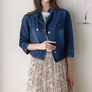 Mandarin-collar Double-breasted Denim Jacket Dark Blue - One Size