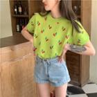 Short-sleeve Jacquard Knit Top Vintage Green - One Size