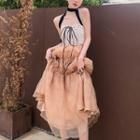 Halter Lace Up Midi A-line Dress