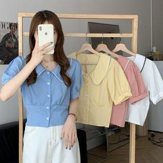 Puff-sleeve Doll-collar Contrast Trim Crop Top
