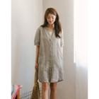 Mandarin-collar Stripe Linen Shirtdress