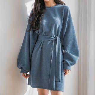 Bishop-sleeve Knit Dress With Sash