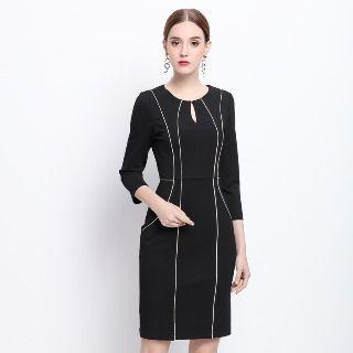 3/4-sleeve Contrast Piping Sheath Dress