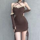 Halter Neck Ruffle Trim Cut-out Bodycon Dress