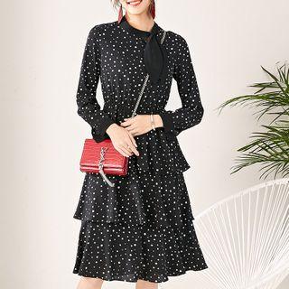 Dotted Long-sleeve Layered Midi A-line Dress