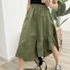 Plain Asymmetric Hem Slit Midi A-line Skirt