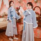 Set: Furry Trim Flower Embroidered Bell-sleeve Wrap Top + A-line Maxi Skirt