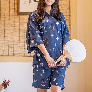 Set: Cat Printed 3/4-sleeve Top + Shorts