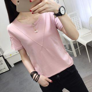 Mesh Panel Butterfly Embroidered Short-sleeve T-shirt