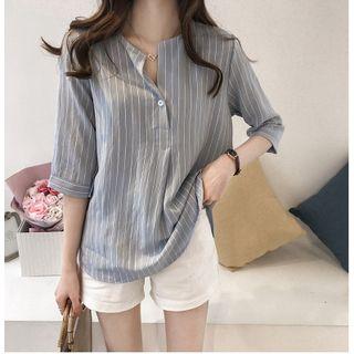 3/4-sleeve Placket Striped Shirt