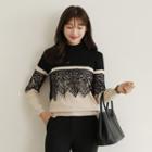 Two-tone Lace-panel Knit Top Black - One Size