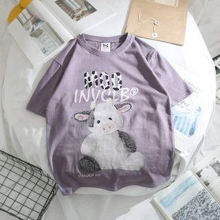 Short-sleeve Lettering Cow Print T-shirt