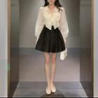 Lantern-sleeve Ribbon Blouse / Mini A-line Skirt / Set