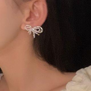 Bow Rhinestone Faux Pearl Earring 1 Pair - Off-white - One Size