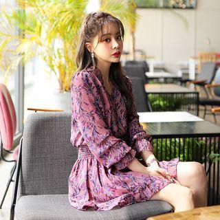 Open-placket Smocked-waist Patterned Shirtdress