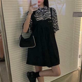 Short-sleeve Zebra Print Shirt / Shirred Pinafore Dress