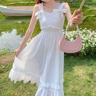 Sleeveless Ruffle Trim Bow Plain Mini Dress