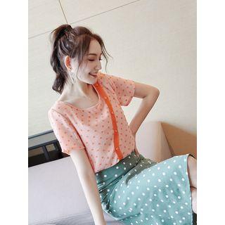 Set: Dotted Short-sleeve T-shirt + Midi A-line Skirt