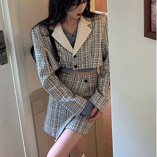 Set: Plaid Cropped Blazer + Asymmetrical Mini Pencil Skirt