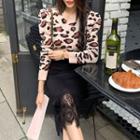 Knit Set: Leopard Top + Lace-hem Midi Skirt Beige - One Size